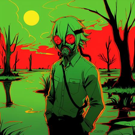 04006-3434538885-, EyestrainColors, drawing of a person wearing a gasmask, in a swamp, green and red.png